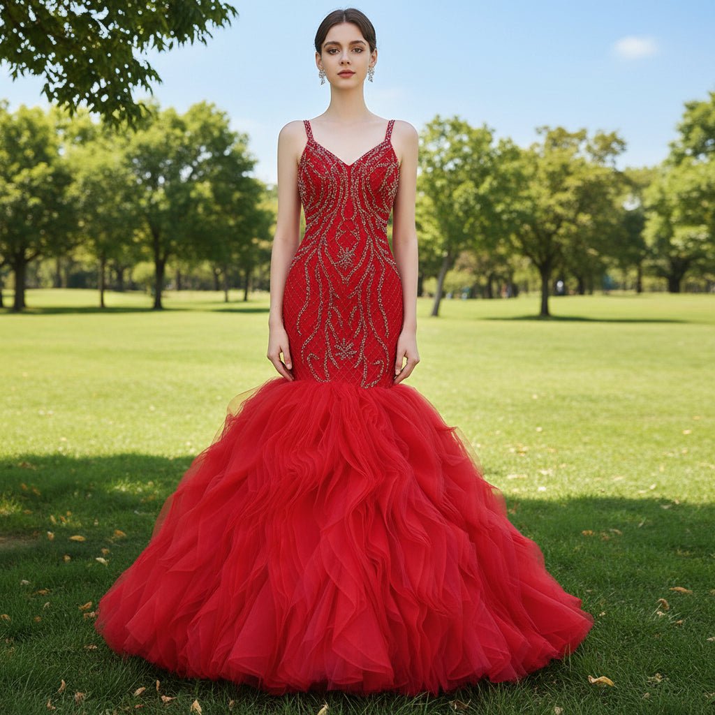 Charming Organza Mermaid Evening Dress Ruffles Long Prom Dress - Rosymae