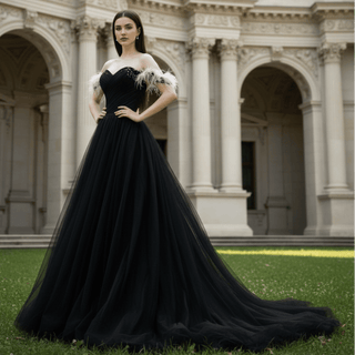 Charming V-neck Black Tulle Bridal Wedding Dress Off the Shoulder - Rosymae