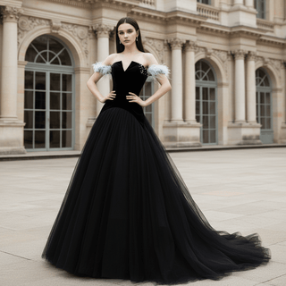 Charming V-neck Black Tulle Bridal Wedding Dress Off the Shoulder - Rosymae