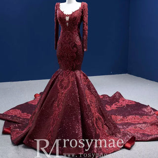 Chic Long Sleeve Wedding Dress Trumpet Evening Gown - Rosymae