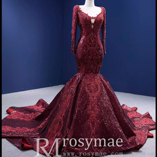 Chic Long Sleeve Wedding Dress Trumpet Evening Gown - Rosymae