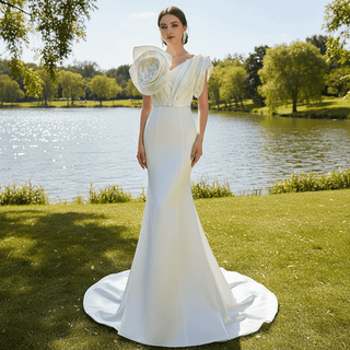 Chic Satin Wedding Dress Fit and Flare with Flowers - Rosymae