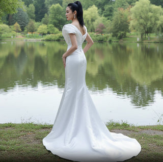 Chic Satin Wedding Dress Fit and Flare with Flowers - Rosymae