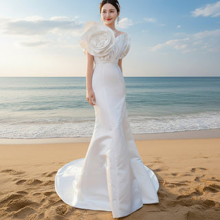 Chic Satin Wedding Dress Fit and Flare with Flowers - Rosymae