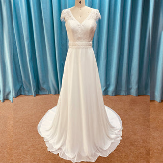 Chiffon Sheath Vneck Wedding Dresses with Capped Sleeve