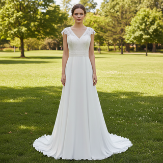 Elegant Chiffon Sheath Vneck Wedding Dresses with Capped Sleeve