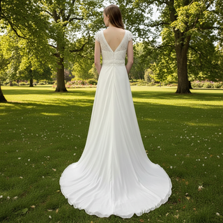 Elegant Chiffon Sheath Vneck Wedding Dresses with Capped Sleeve