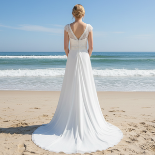 Elegant Chiffon Sheath Vneck Wedding Dresses with Capped Sleeve