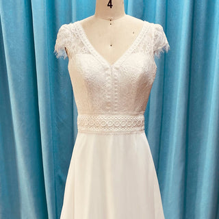Chiffon Sheath Vneck Wedding Dresses with Capped Sleeve