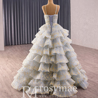 China Blue Cascading Ruffles Glitter Prom Dress Tulle Prom Formal Gown - Rosymae