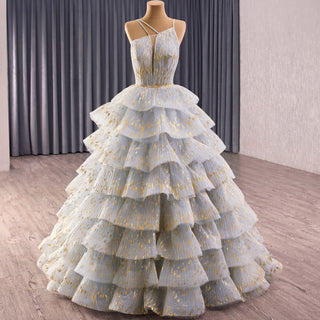 China Blue Cascading Ruffles Glitter Prom Dress Tulle Prom Formal Gown - Rosymae