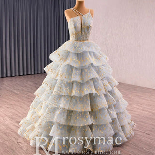 China Blue Cascading Ruffles Glitter Prom Dress Tulle Prom Formal Gown - Rosymae