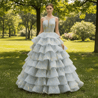 China Blue Cascading Ruffles Glitter Prom Dress Tulle Prom Formal Gown - Rosymae