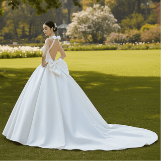 Choker & High Neck Satin Wedding Dress with Big Bowknot - Rosymae