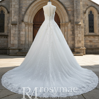 Classic Scoop Neckline A-line Wedding Dress with Tulle Appliqued Lace