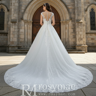 Classic Scoop Neckline A-line Wedding Dress with Tulle Appliqued Lace