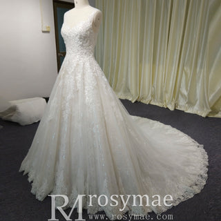 Classic Scoop Neckline A-line Wedding Dress with Tulle Appliqued Lace