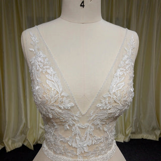 Classic A Line Deep V-Neck Wedding Dresses with Lace Applique - Rosymae