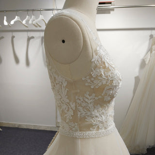 Classic A Line Deep V-Neck Wedding Dresses with Lace Applique - Rosymae