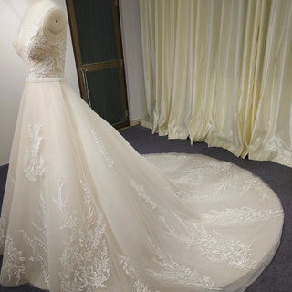 Classic A Line Deep V-Neck Wedding Dresses with Lace Applique - Rosymae