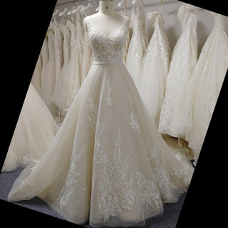 Classic A Line Deep V-Neck Wedding Dresses with Lace Applique - Rosymae