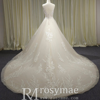 Classic A Line Deep V-Neck Wedding Dresses with Lace Applique - Rosymae