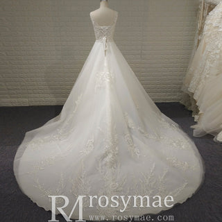 Classic A Line Deep V-Neck Wedding Dresses with Lace Applique - Rosymae