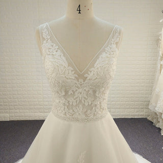 Classic A Line Deep V-Neck Wedding Dresses with Lace Applique - Rosymae