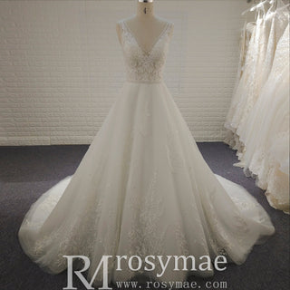 Classic A Line Deep V-Neck Wedding Dresses with Lace Applique - Rosymae
