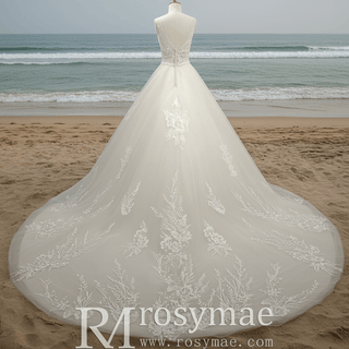 Classic A Line Deep V-Neck Wedding Dresses with Lace Applique - Rosymae