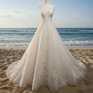 Classic A Line Deep V-Neck Wedding Dresses with Lace Applique - Rosymae