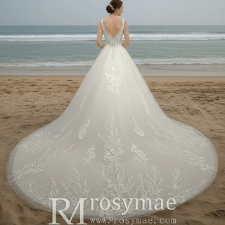 Classic A Line Deep V-Neck Wedding Dresses with Lace Applique - Rosymae