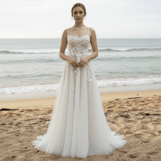 Classic A-line Floral Lace Wedding Dress with Spaghetti Strap for Women - Rosymae