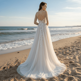 Classic A-line Floral Lace Wedding Dress with Spaghetti Strap for Women - Rosymae