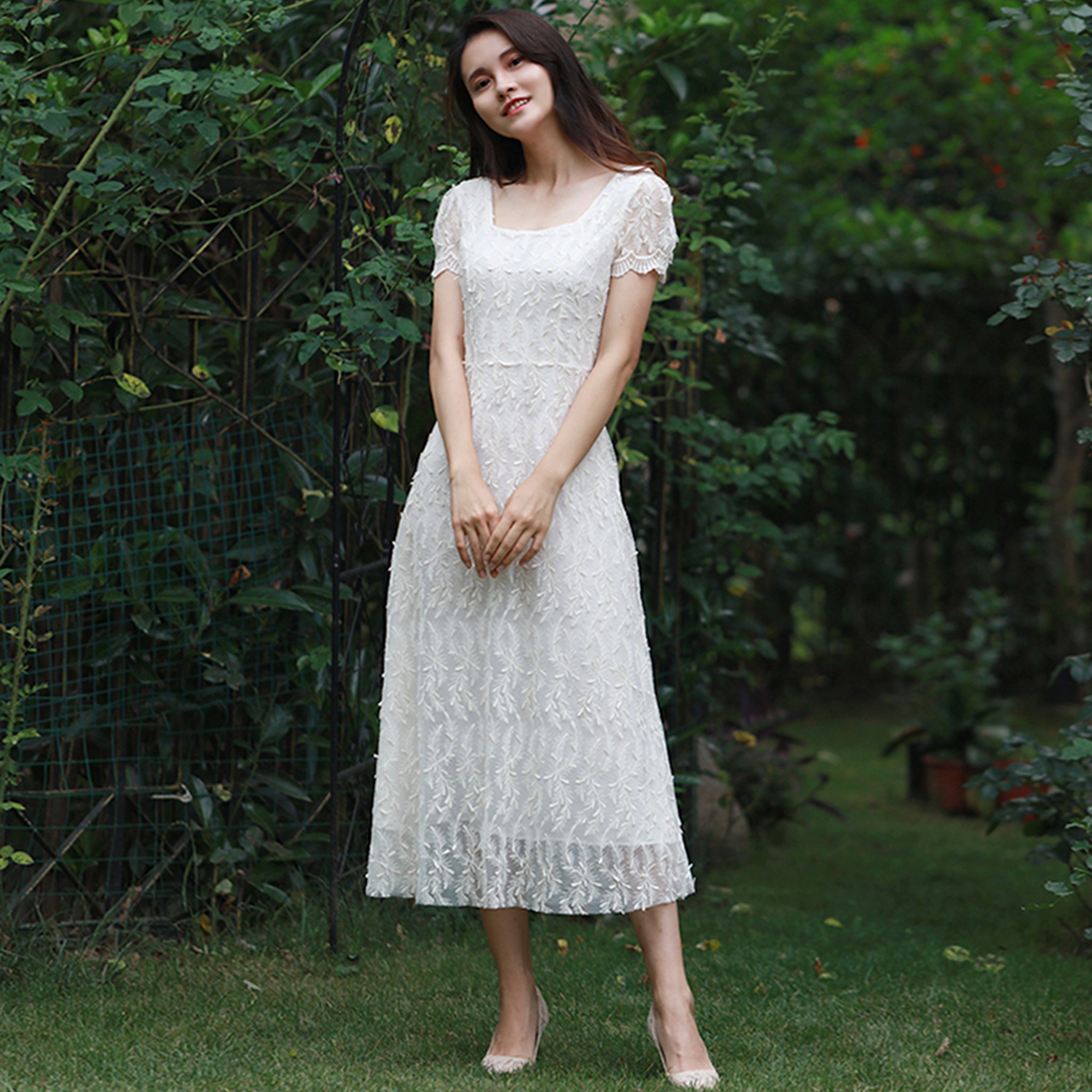 Classic A-line Intricate Lace Wedding Dress with Square Neckline - Rosymae