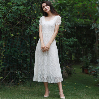Classic A-line Intricate Lace Wedding Dress with Square Neckline - Rosymae