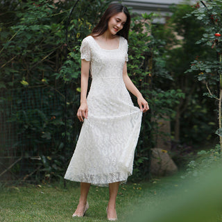 Classic A-line Intricate Lace Wedding Dress with Square Neckline - Rosymae