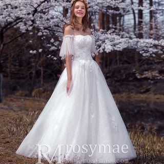 Classic A-line Off the Shoulder Wedding Dress with Beading - Rosymae