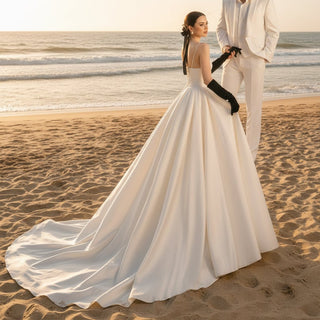 Classic A Line Satin Wedding Dress with spaghetti Straps - Rosymae