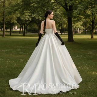 Classic A Line Satin Wedding Dress with spaghetti Straps - Rosymae