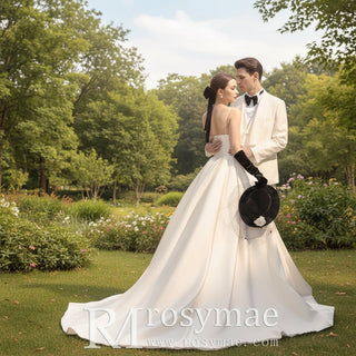 Classic A Line Satin Wedding Dress with spaghetti Straps - Rosymae