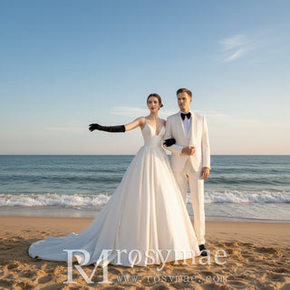 Classic A Line Satin Wedding Dress with spaghetti Straps - Rosymae