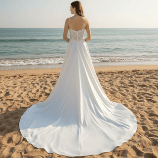 Classic A-Line Spaghetti Strap Ivory Wedding Dress with Sheer Bodice - Rosymae