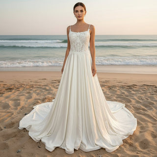Classic A-Line Spaghetti Strap Ivory Wedding Dress with Sheer Bodice - Rosymae