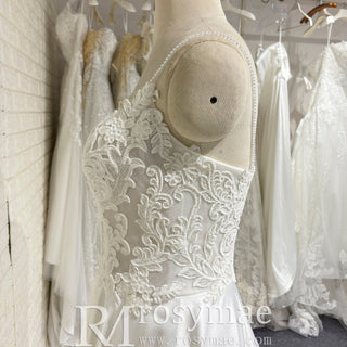 Classic A-Line Spaghetti Strap Ivory Wedding Dress with Sheer Bodice - Rosymae