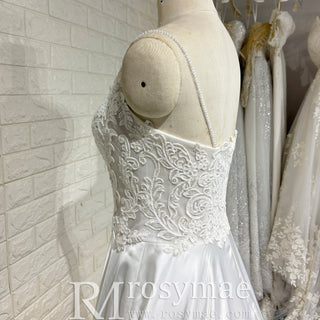 Classic A-Line Spaghetti Strap Ivory Wedding Dress with Sheer Bodice - Rosymae