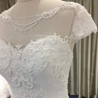 Classic A-line Tulle Lace Appliqued Wedding Dress with Capped Sleeve - Rosymae