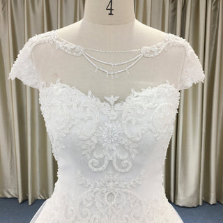 Classic A-line Tulle Lace Appliqued Wedding Dress with Capped Sleeve - Rosymae