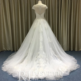 Classic A-line Tulle Lace Appliqued Wedding Dress with Capped Sleeve - Rosymae