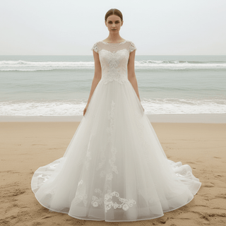 Classic A-line Tulle Lace Appliqued Wedding Dress with Capped Sleeve - Rosymae